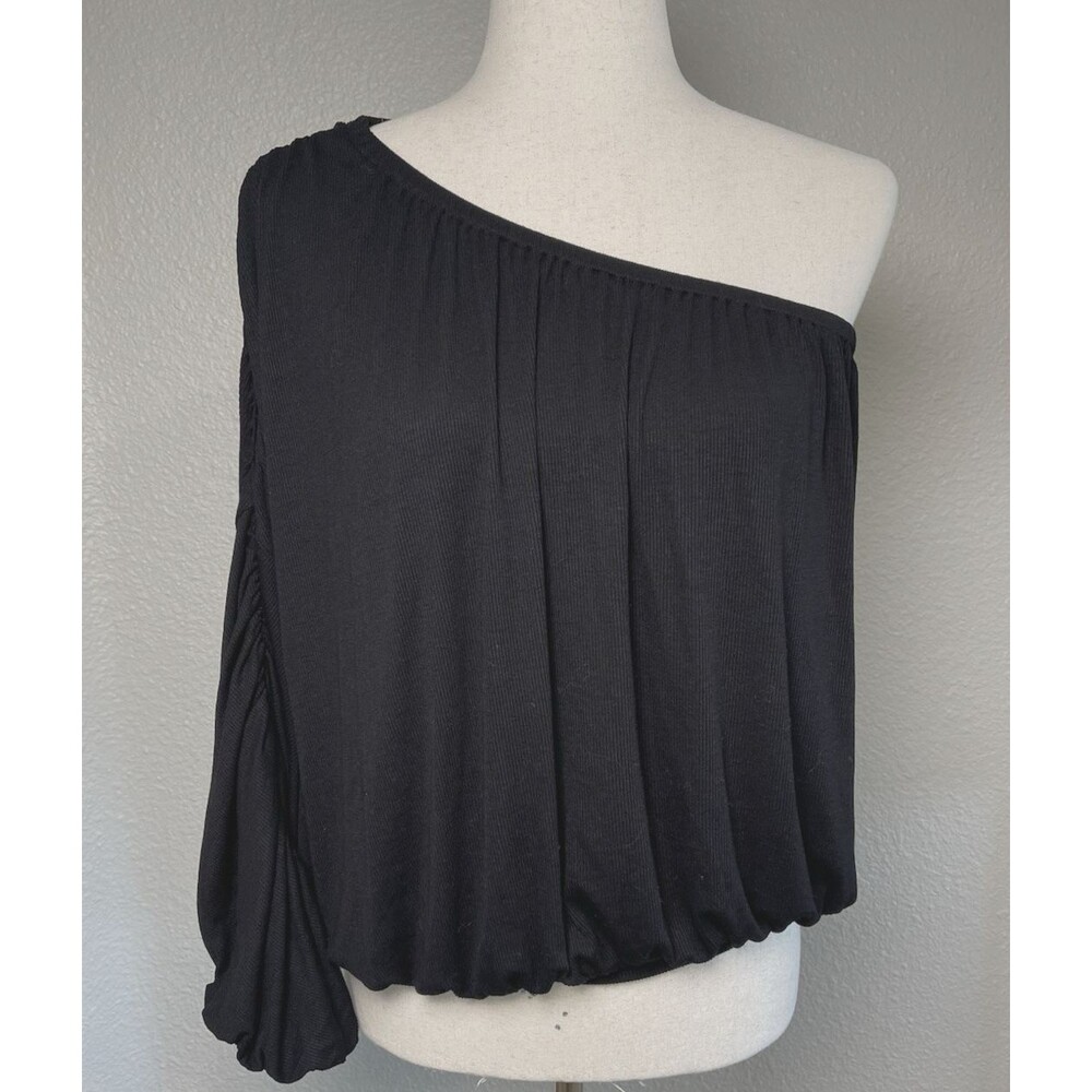 LNA Clothing womens NEW avant guard one sleeve off shoulder black ruched top L